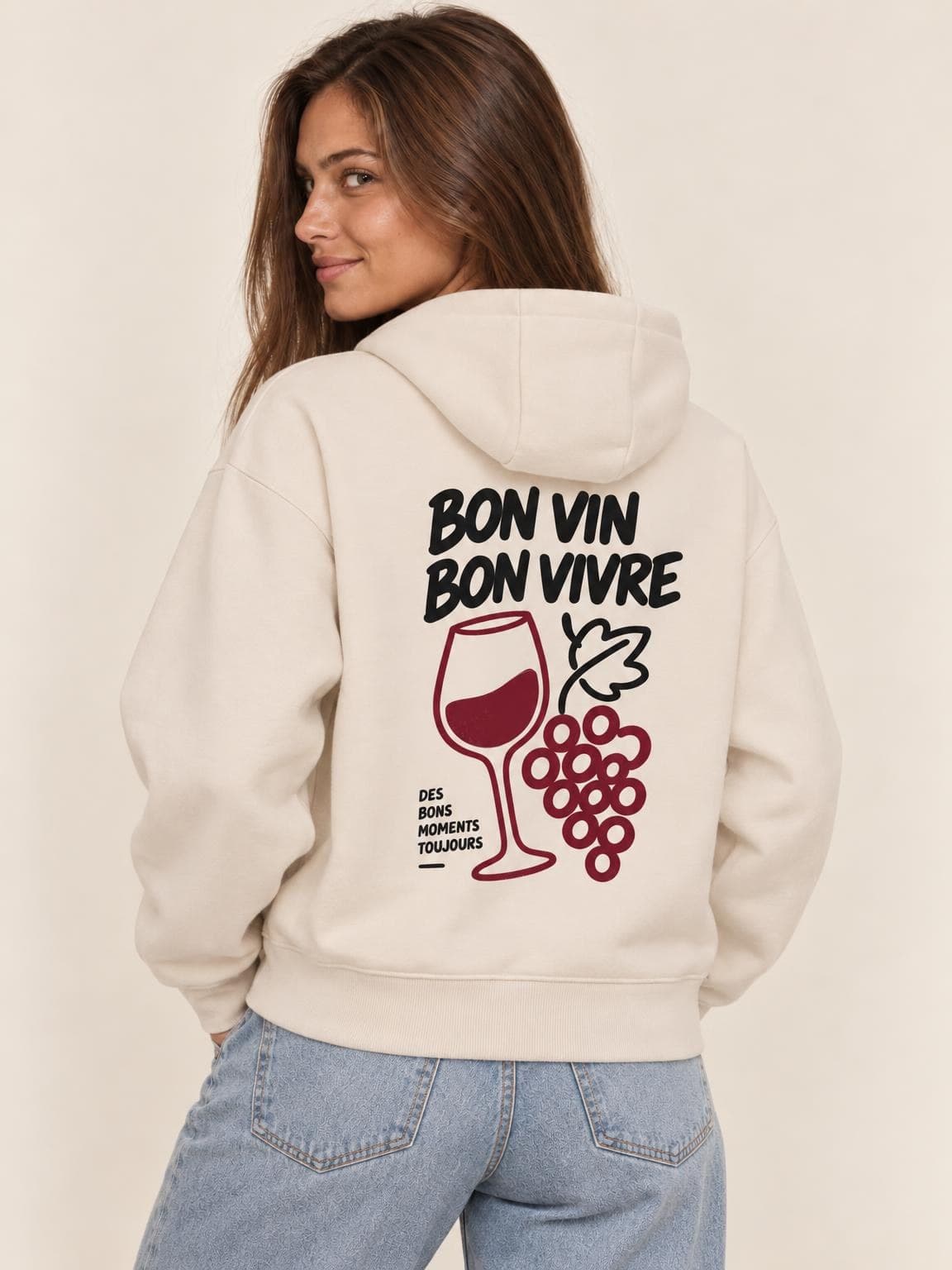 Hoodie vin Bon Vin Bon Vivre porté de dos