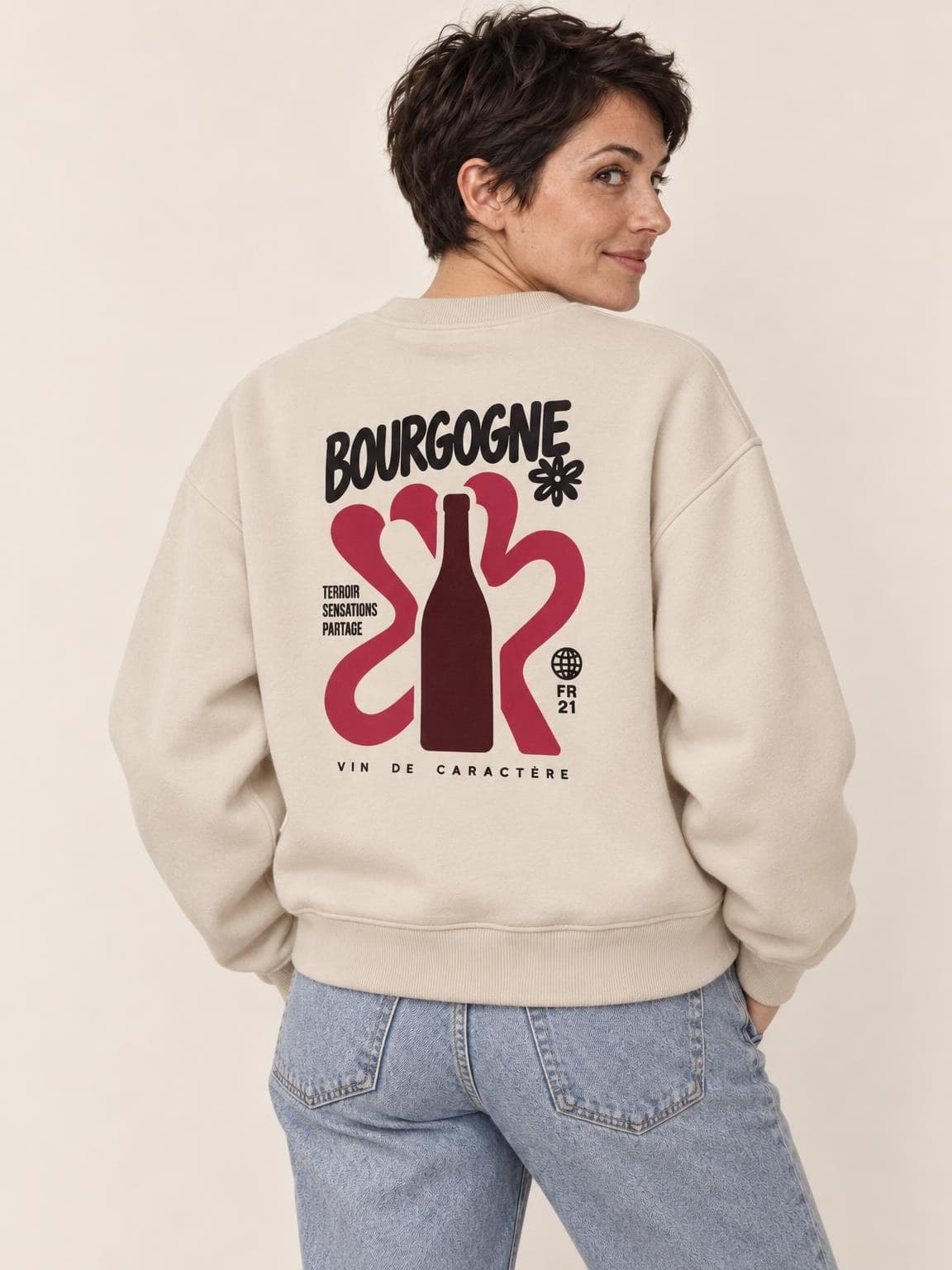 Sweat vin Bourgogne porté de dos